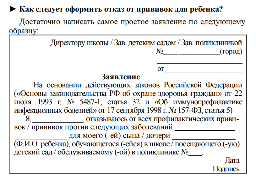 Отказ от прививки ребенку в школе образец в произвольной форме